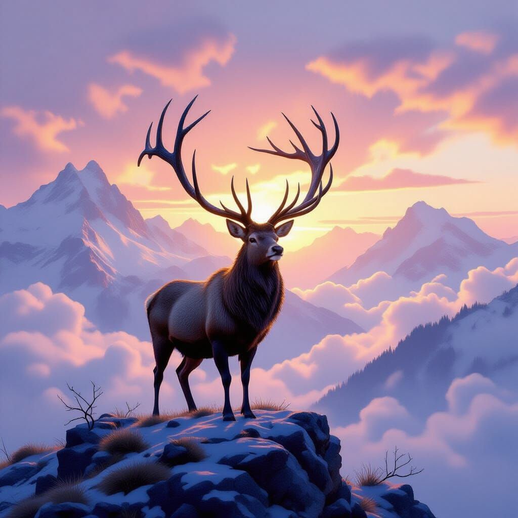 Majestic Stag on Misty Mountain Peak at Dawn