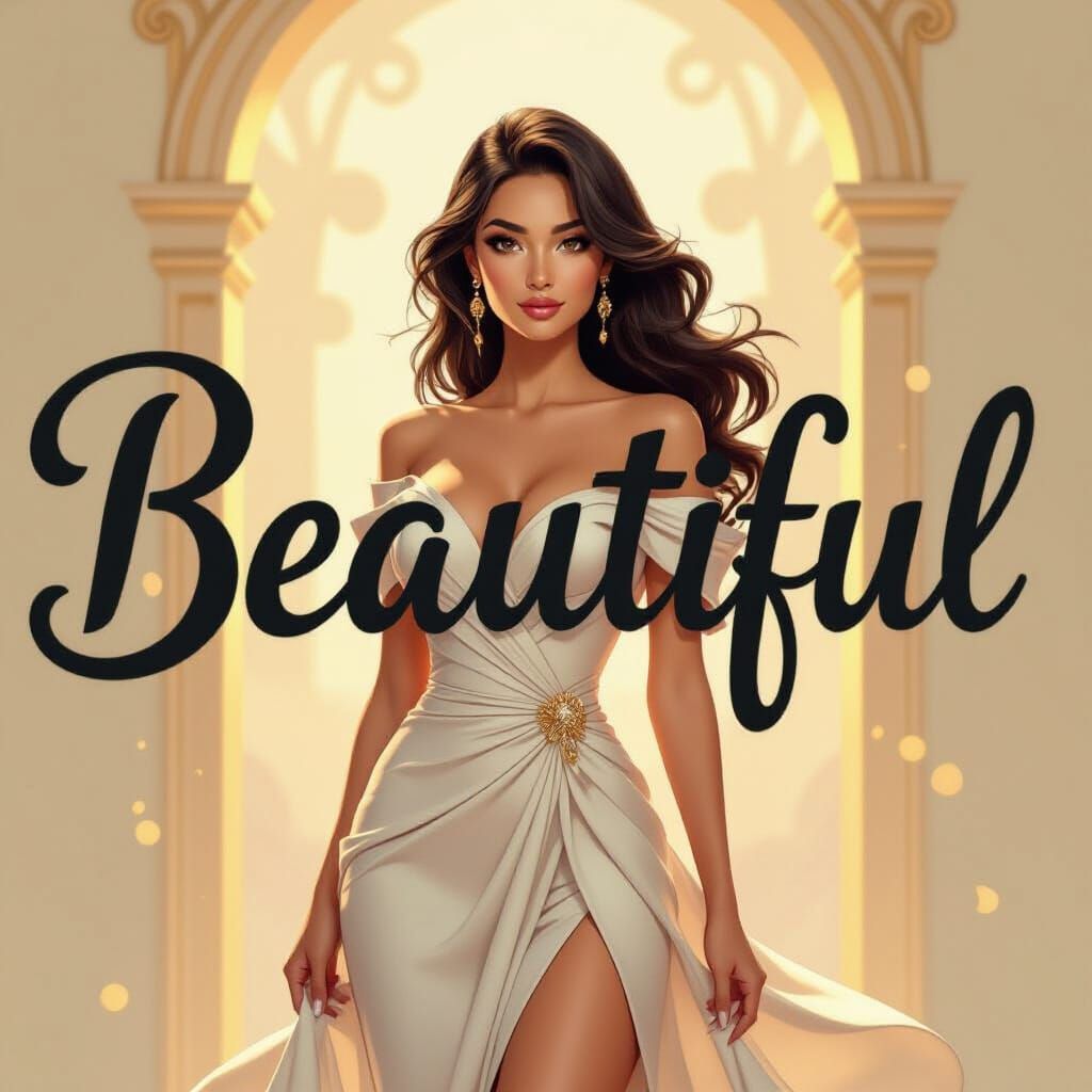Beautiful Woman Before Bold Cursive Word "BEAUTIFUL"