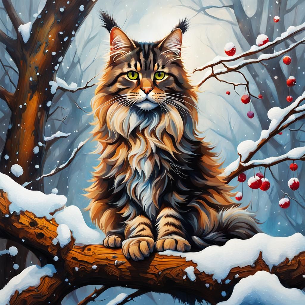 Maine Coon Cat on Snowy Branch, Graffiti Art