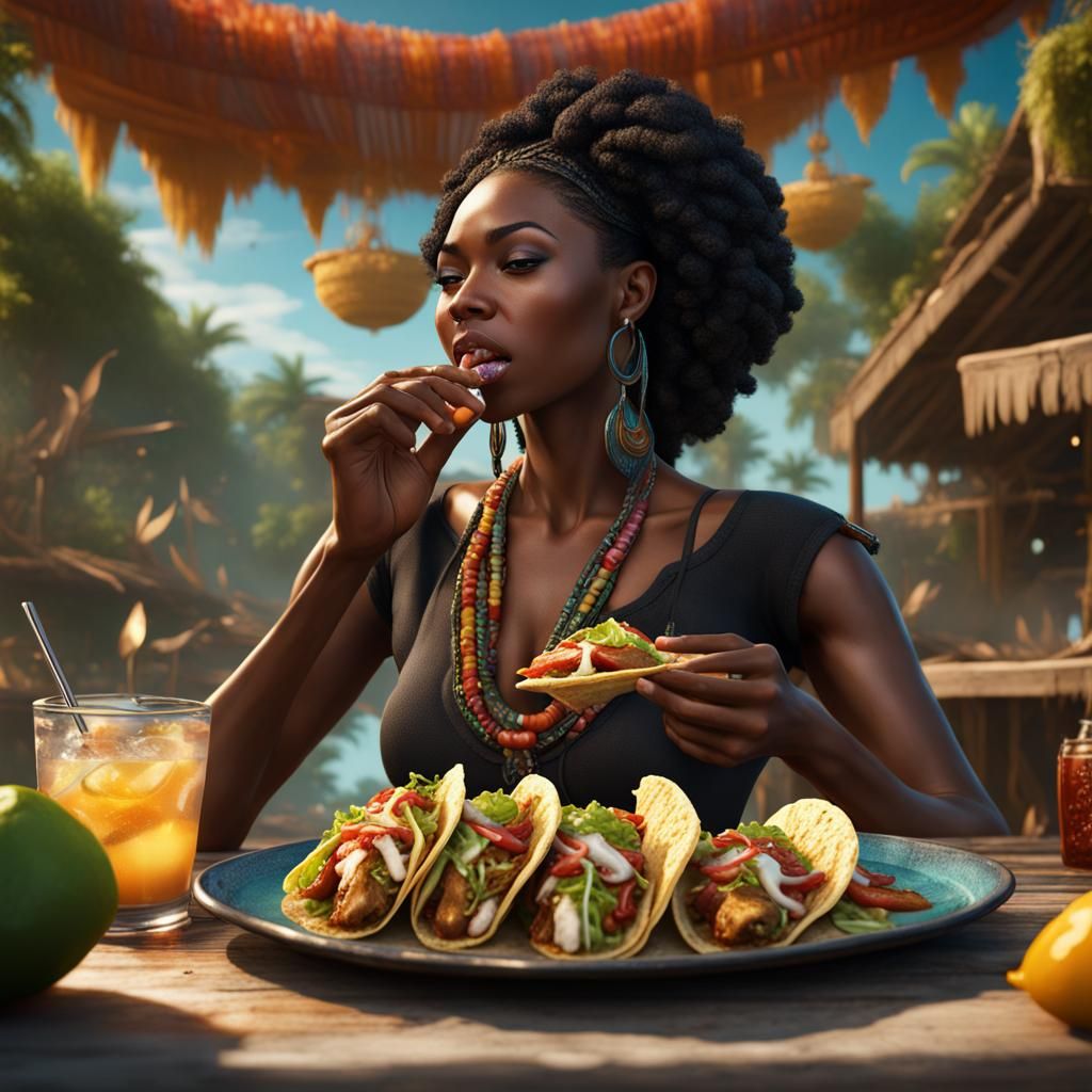 Woman Enjoying Fish Tacos: Detailed Digital Painting