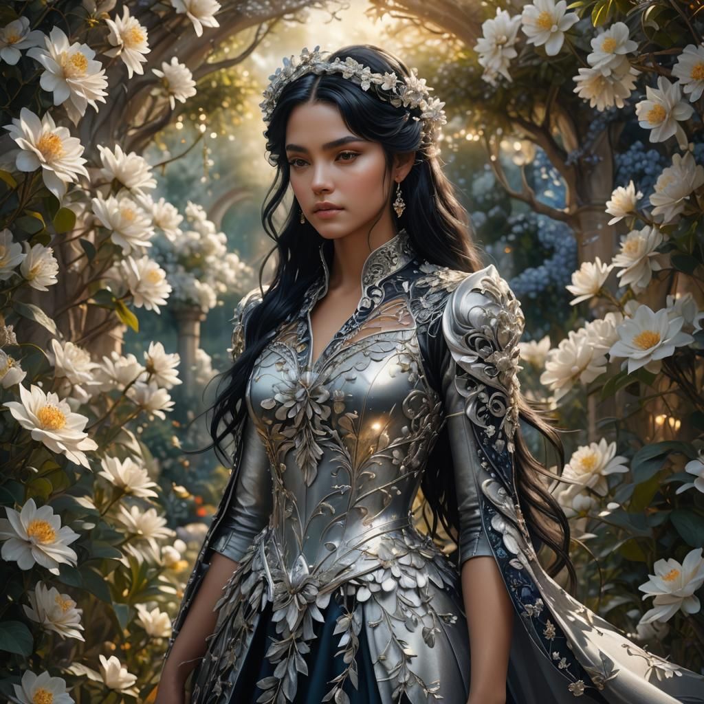Girl in Silver Flowers in Lush Garden