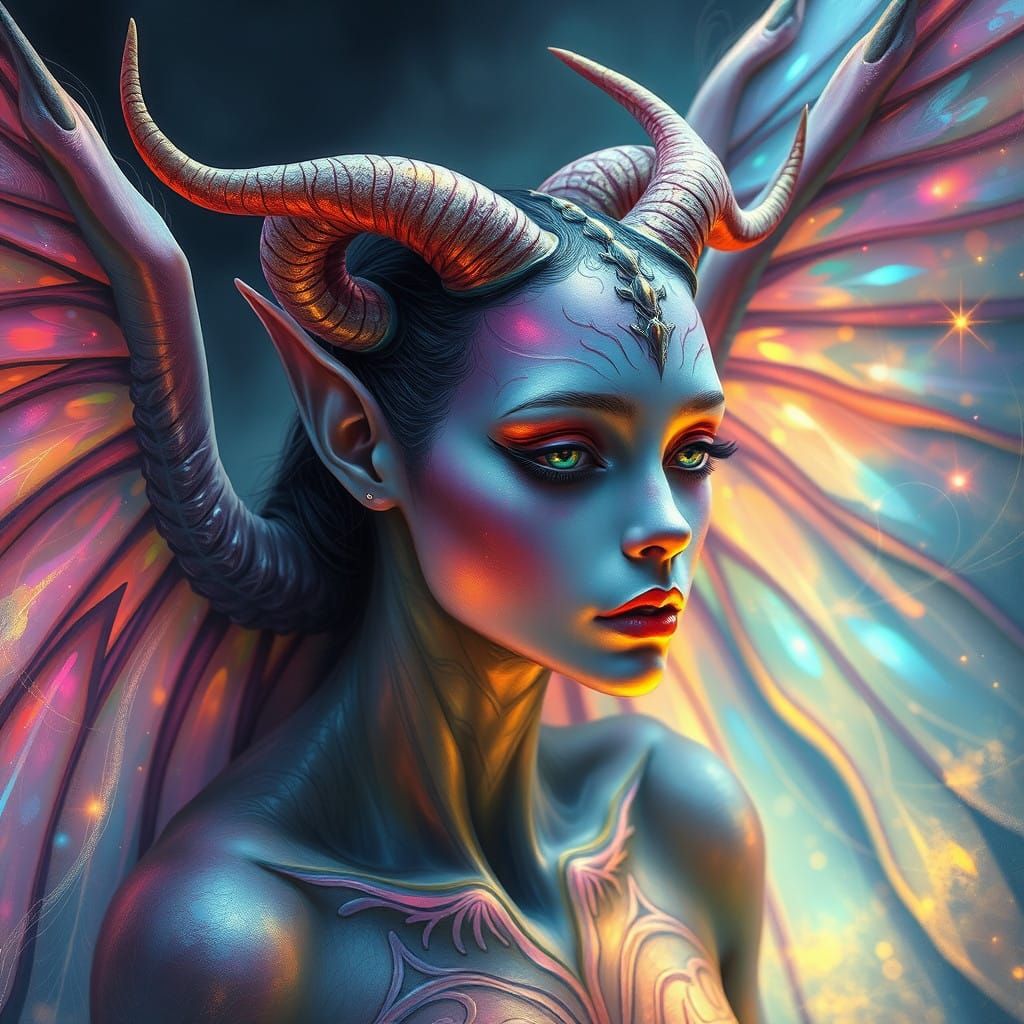 Ethereal Being with Iridescent Wings and Delicate Horns