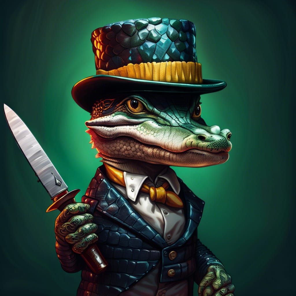 Gentleman Alligator with Knife: Hyperrealistic Splash Art
