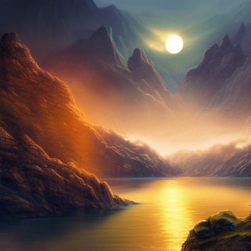 Lake Scene with Glowing Traffic Lights at Dawn