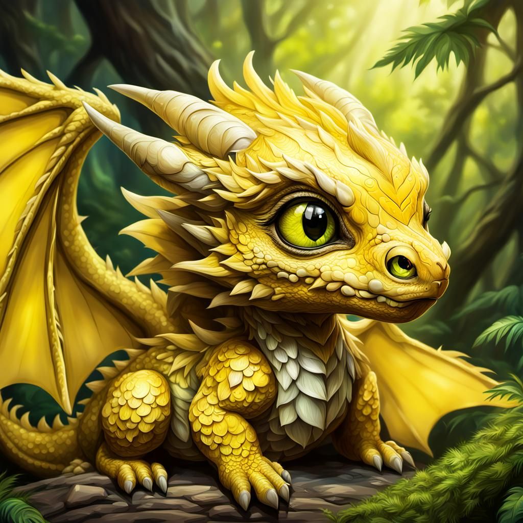Cute Yellow Feathered Dragon in Forest: Detailed Art