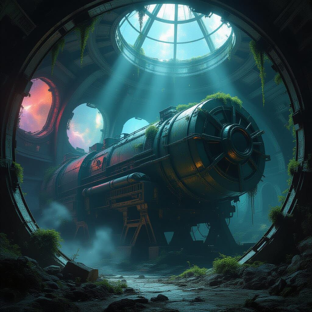 Ancient Space Station Engine with Bioluminescent Flora