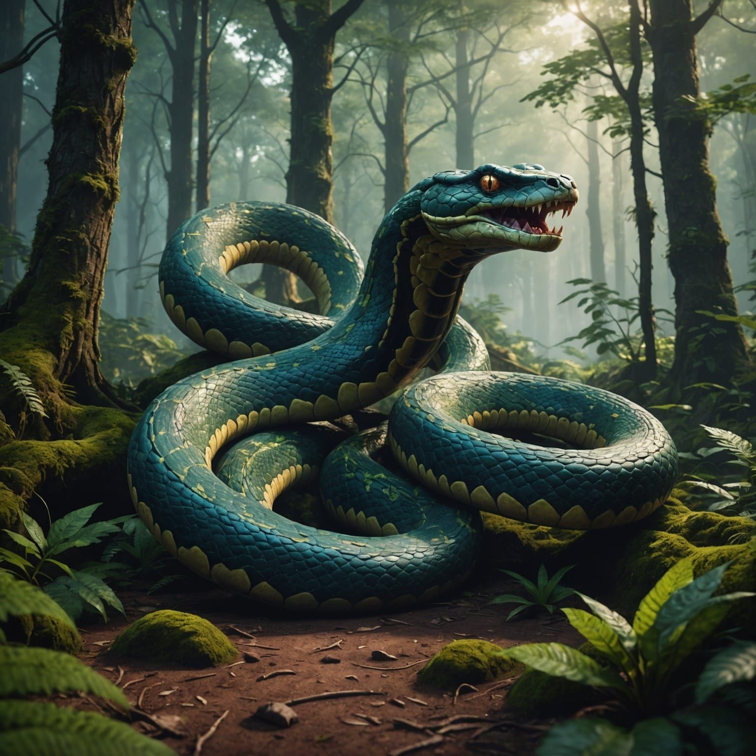 Giant Snake Emerges from Forest: Detailed Matte Painting