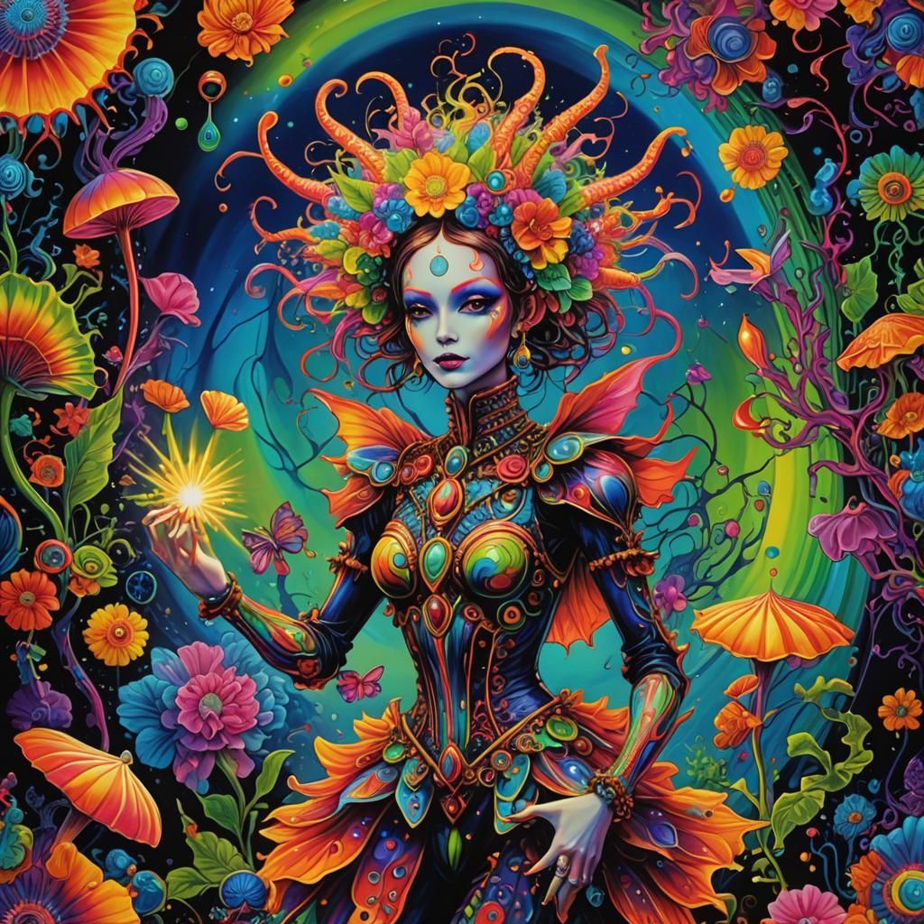 Myconid Fae Dancing in Blacklight Fractal Art