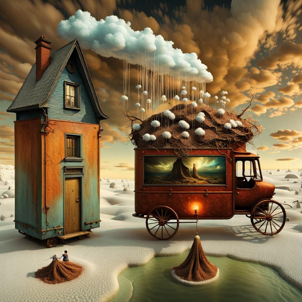 Surreal Two-Wheeled Truck with Magical Particles