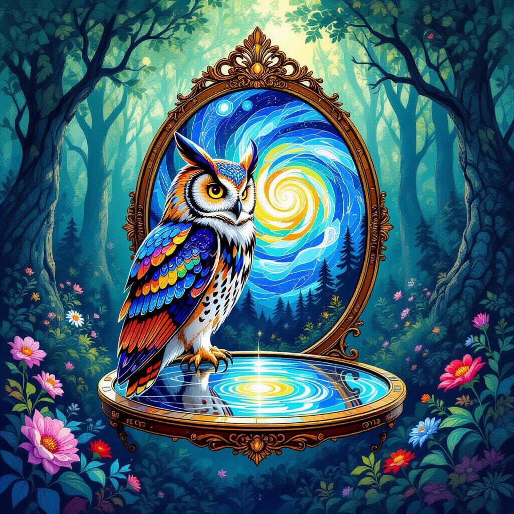Owl on Cosmic Mirror in Ethereal Forest