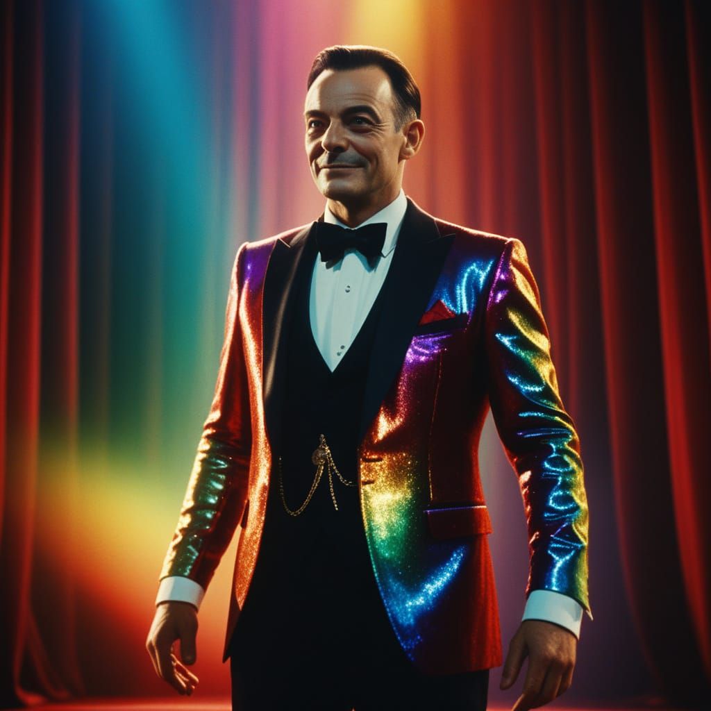 Epic Stage Magician Performs Card Trick in Opulent Tuxedo