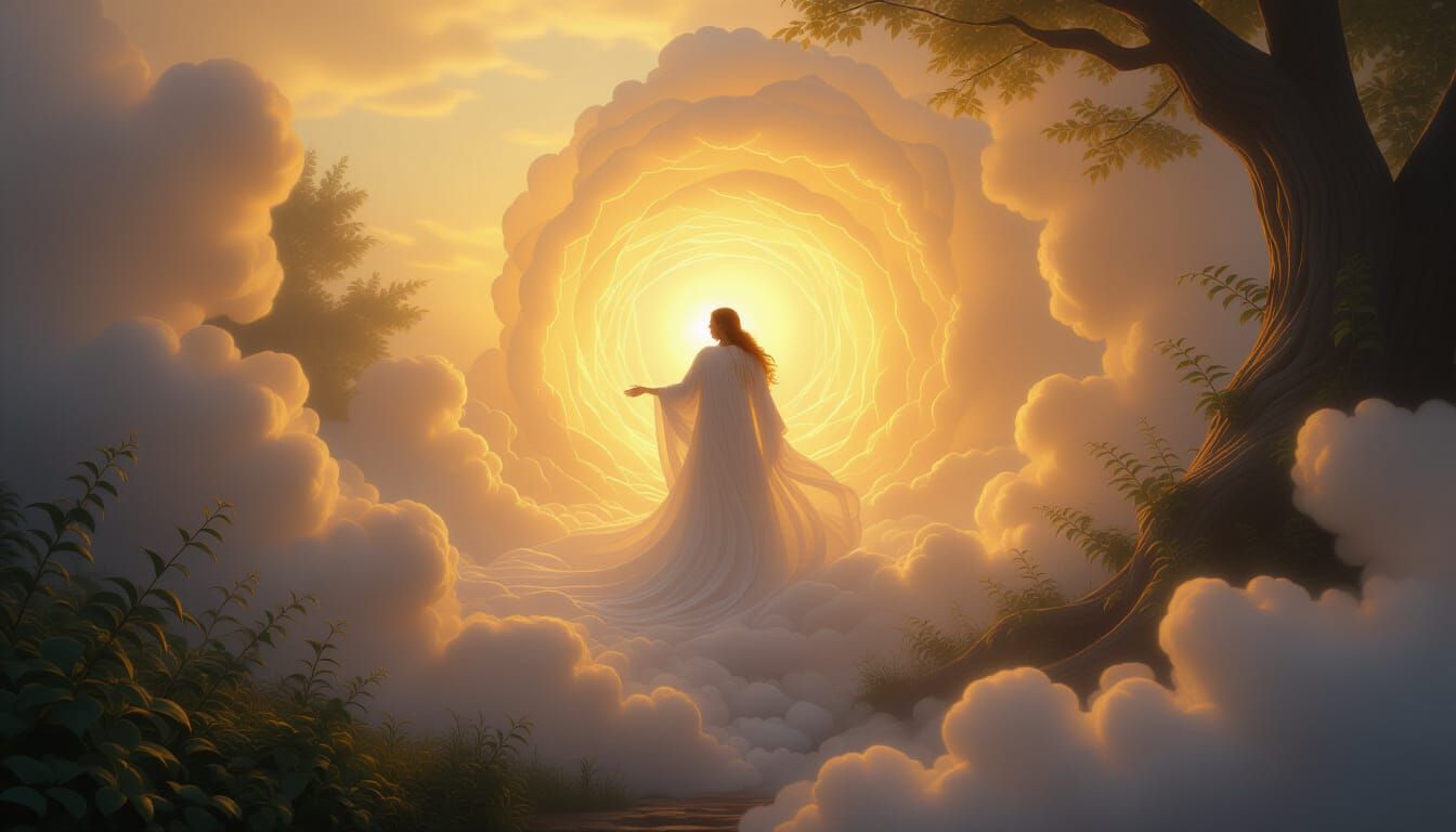 Divine Birth in Luminous Mist, Golden Hour Light