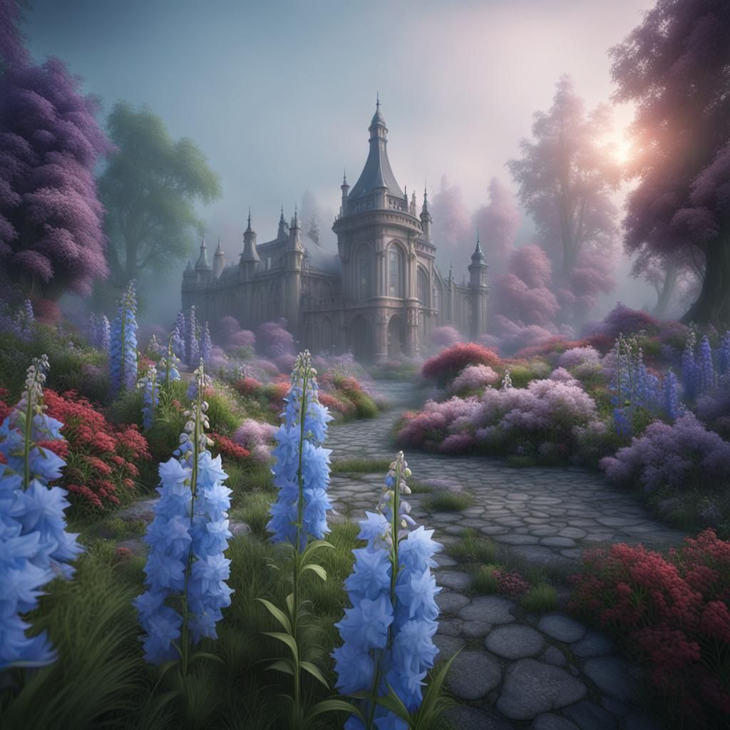 Foggy Delphinium Garden: Fantastical Matte Painting