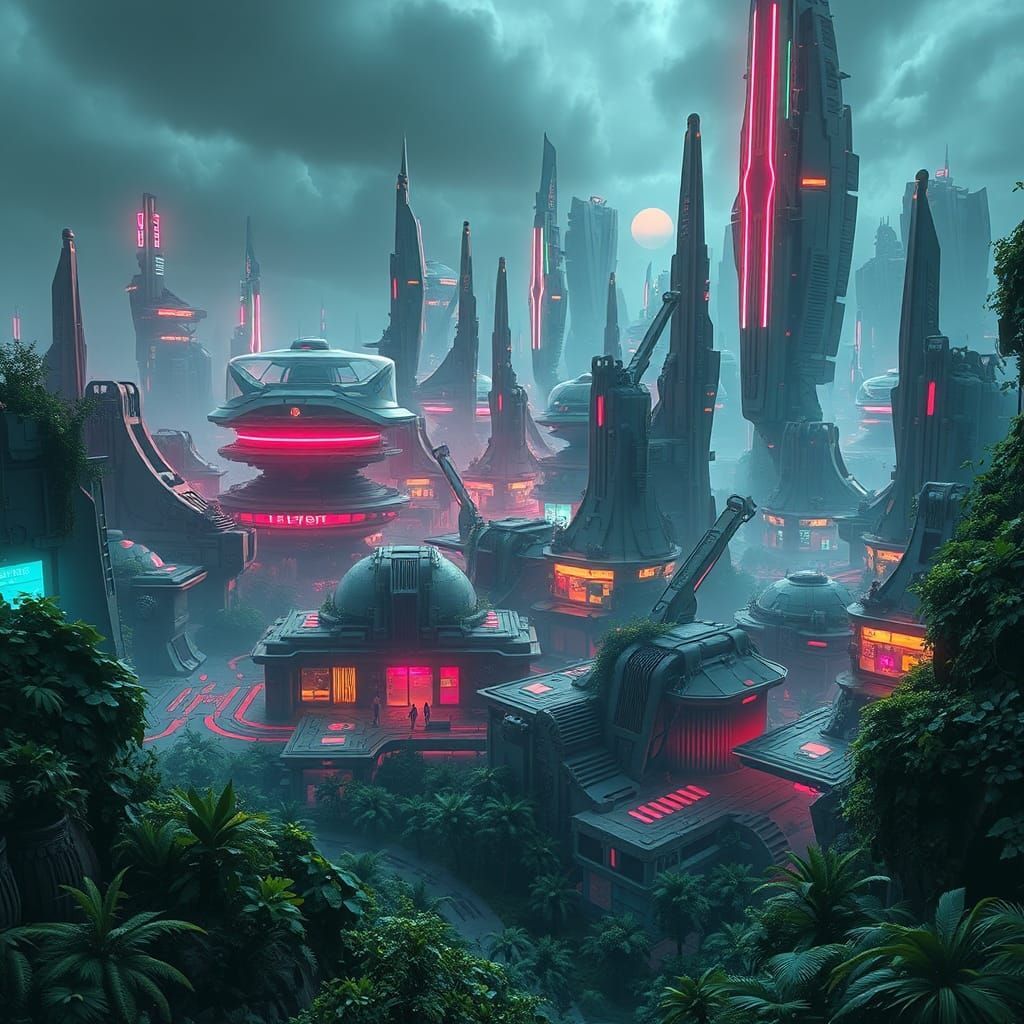 Futuristic Cityscape with Neon and Greenery