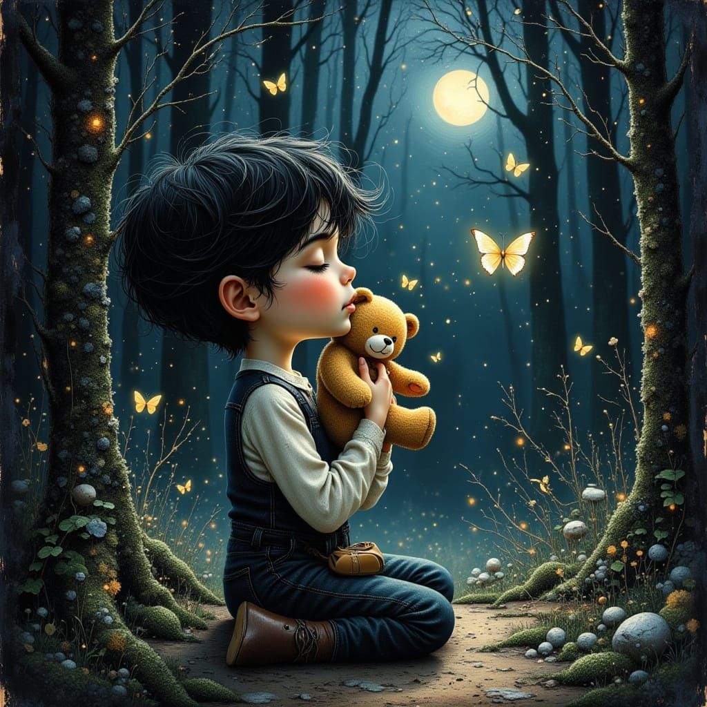 Boy in a forest surrounded by butterflies