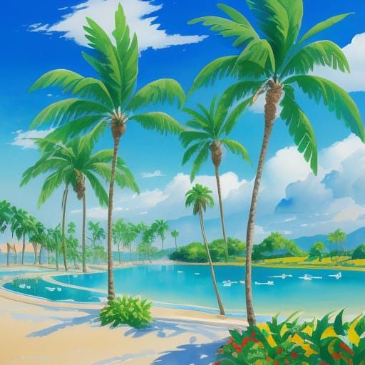 Vibrant Oasis in Gouache Style