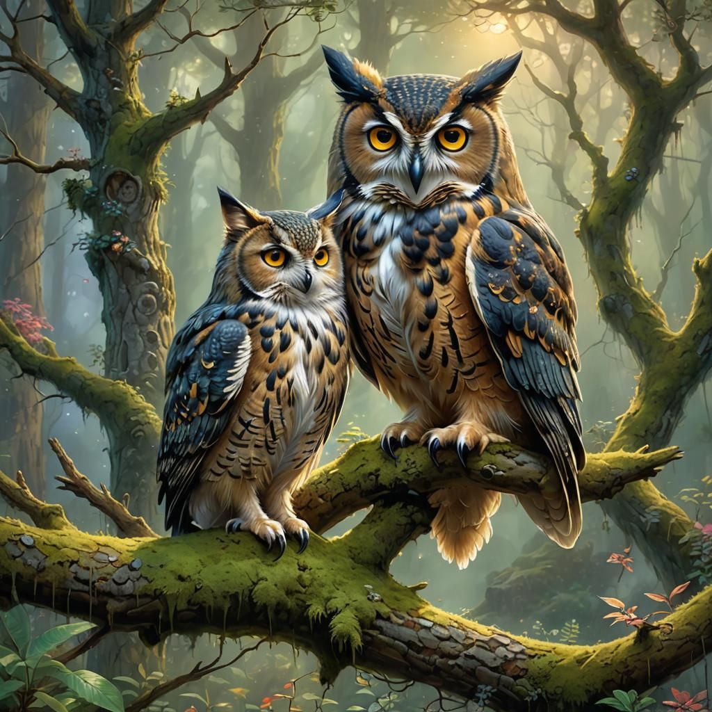 Owl and Cat in Misty Forest, Kinkade Style