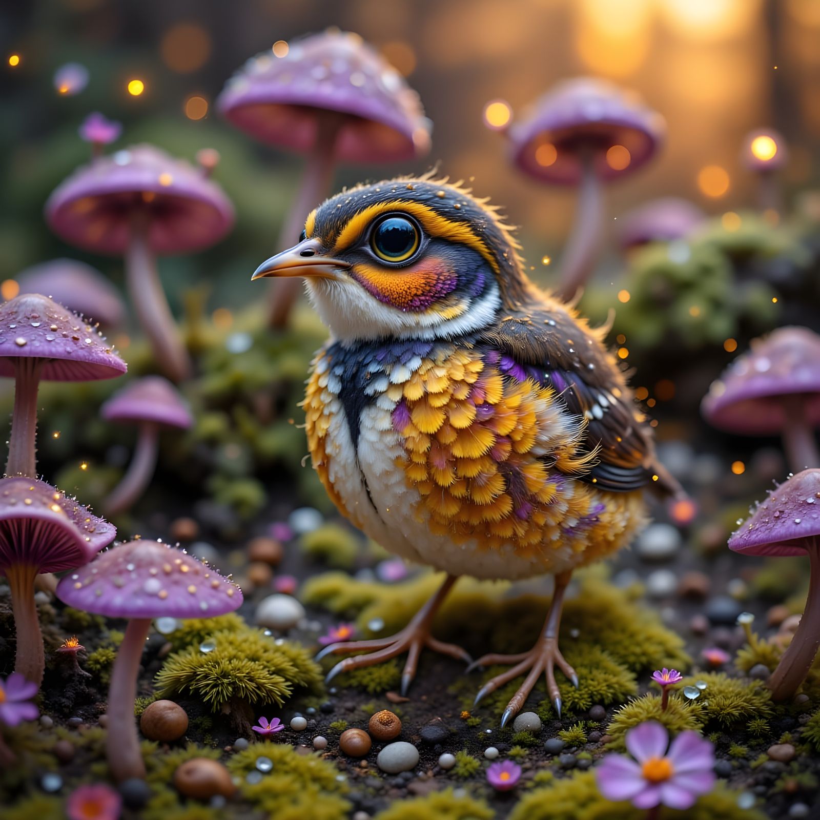 Cute Quail Surrounded by Glowing Mushrooms