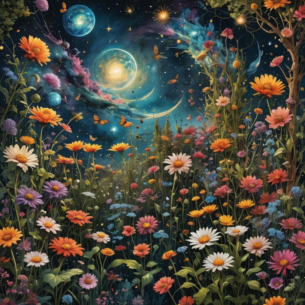 Cosmic Gardens with Planetary Blossoms, Digital Art