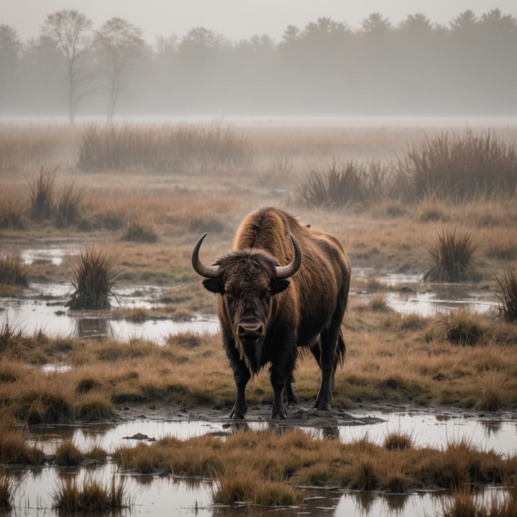 European Bison in Marsh on Foggy Day