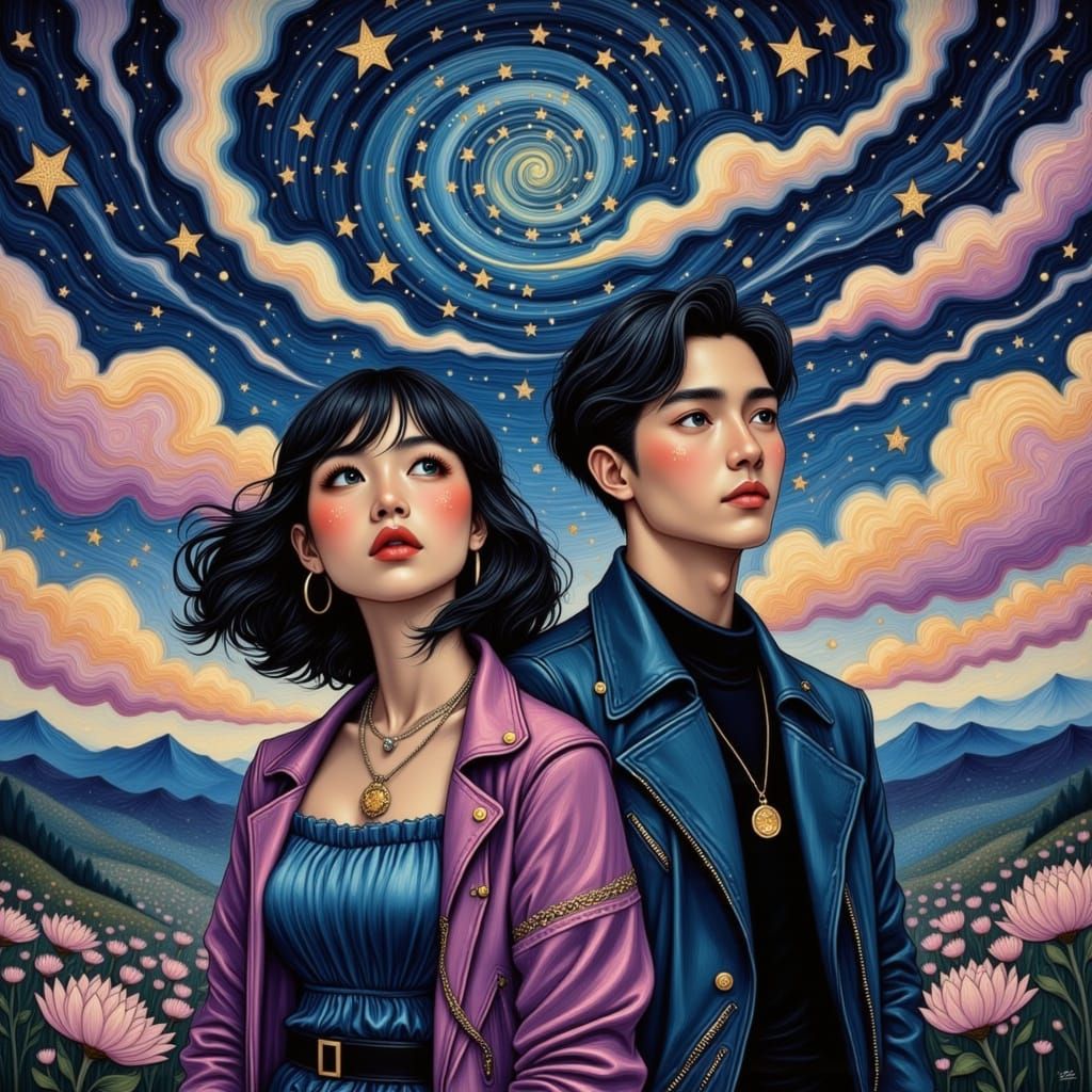 Korean Teenagers in Van Gogh Starry Night Style