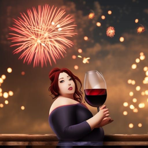 Anime Lady Celebrates with Wine and Fireworks