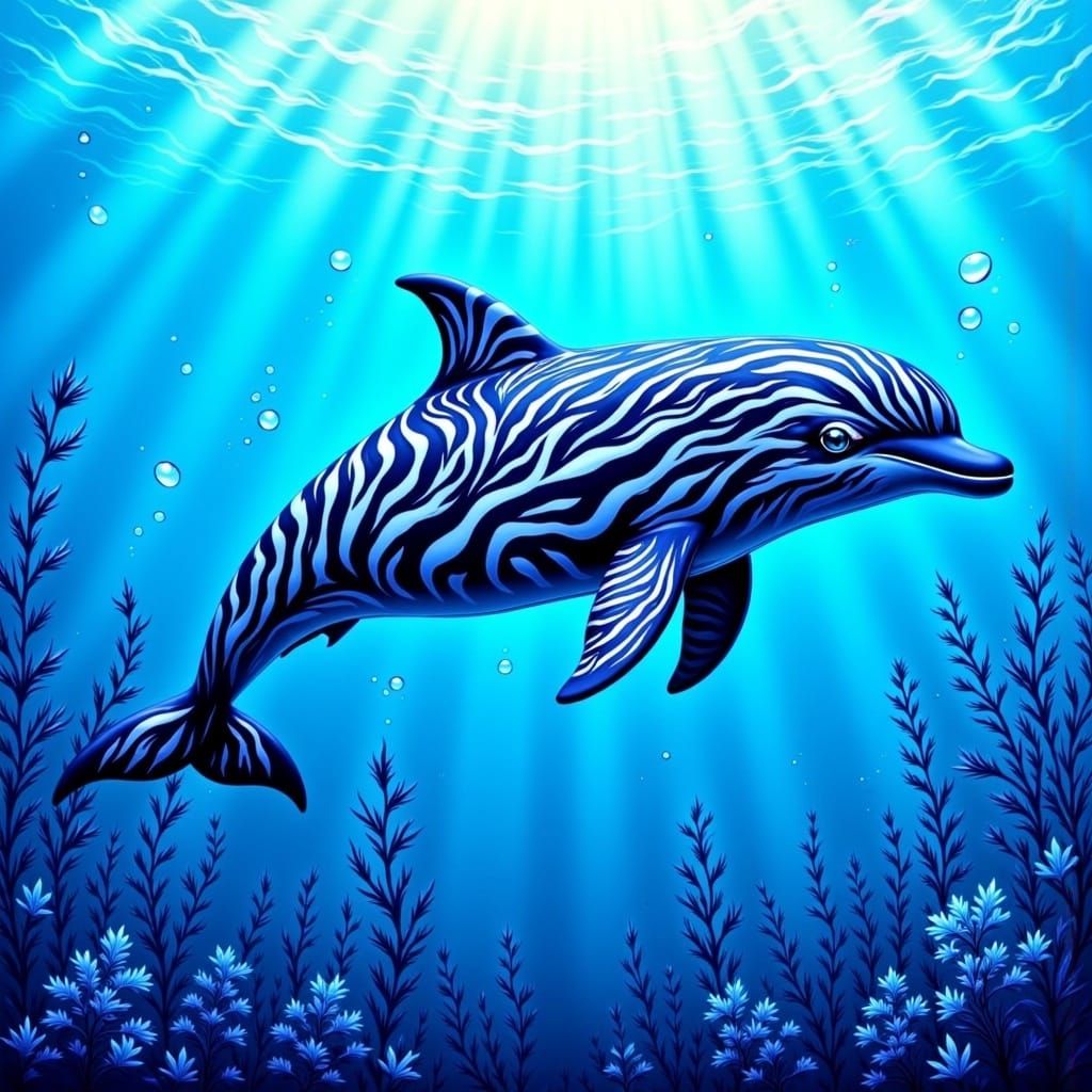 Zebra Striped Dolphin in Miyazaki-esque Illustration