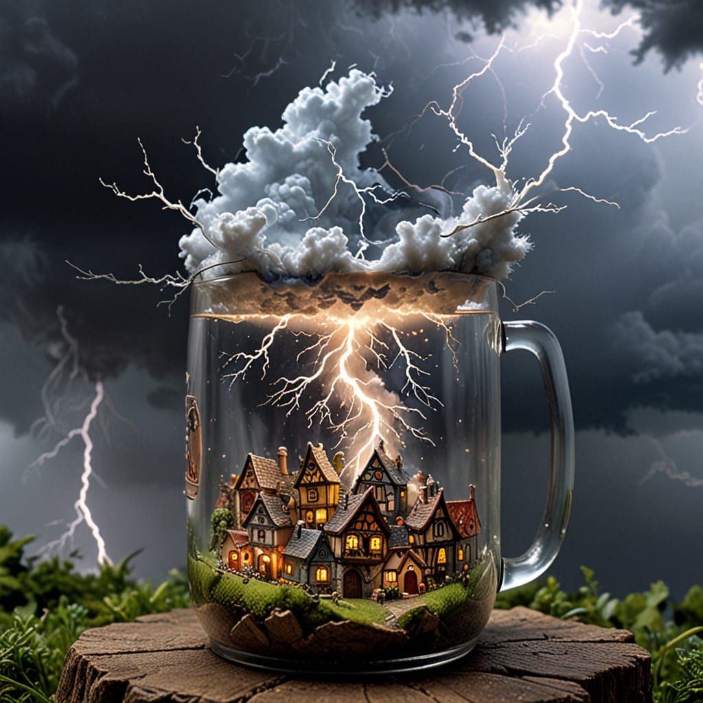 Miniature Medieval Village Thunderstorm in a Mug
