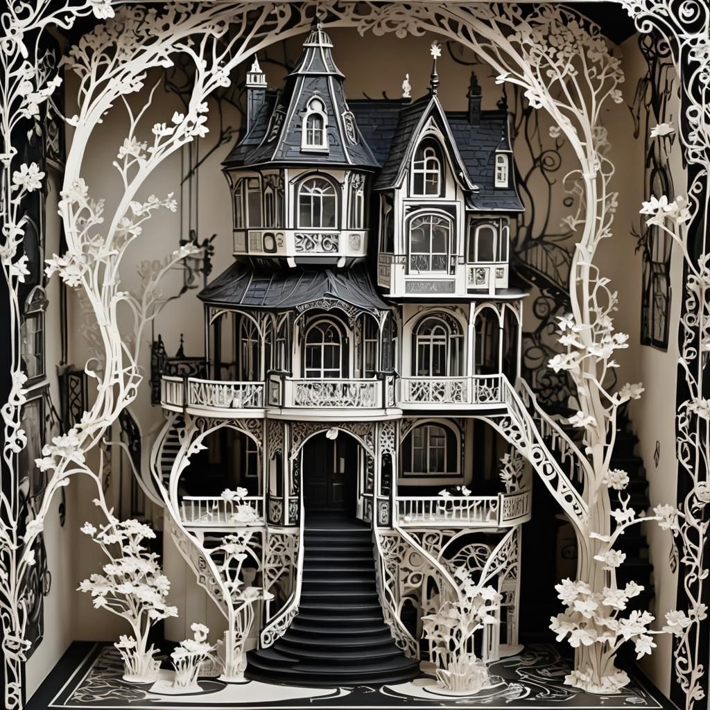 Art Nouveau Pop-Up Book Dollhouse in Black and White