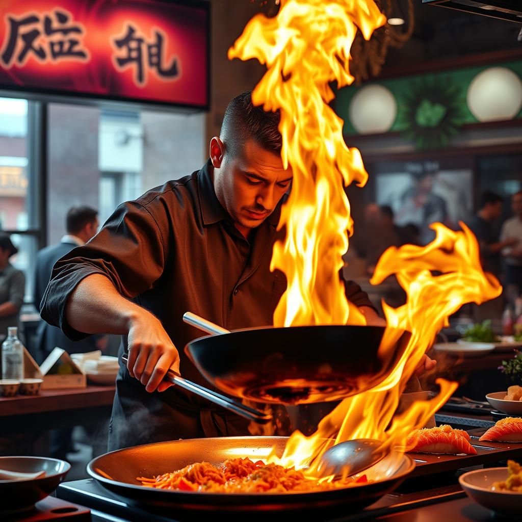 Fiery Cooking Display at Sushi Restaurant