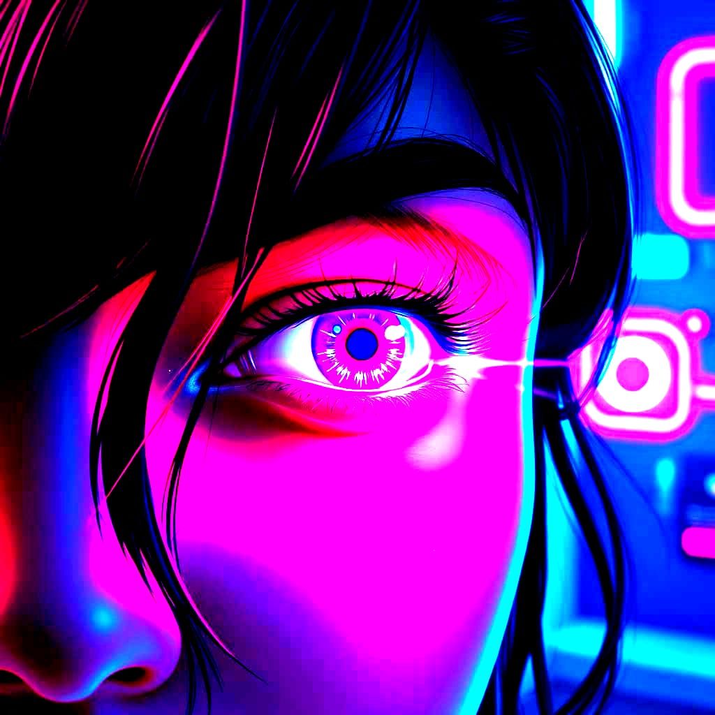 Magical Woman's Eye Shimmers in Synthwave Neon Lights