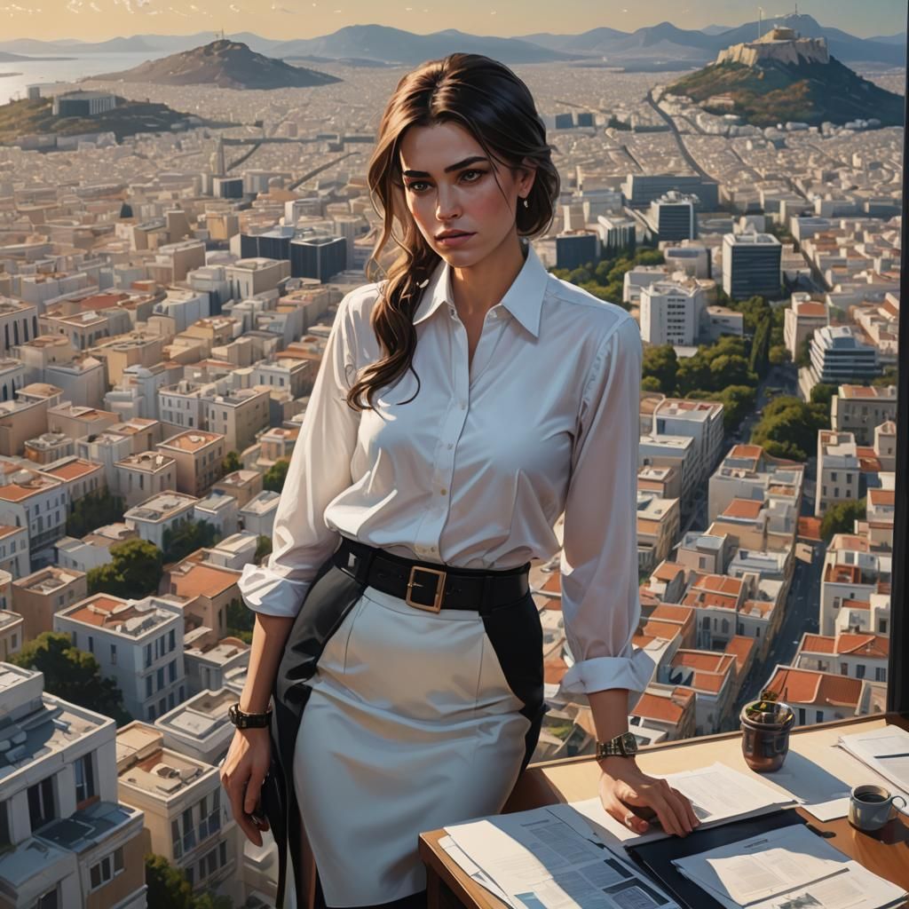 Hyperrealistic CEO Surveys Athens from Penthouse Office
