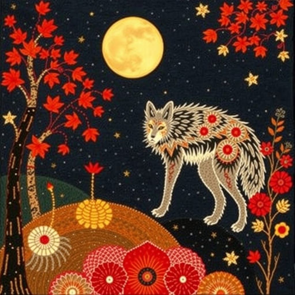 Folk art, Autumn WOLF SHIFTER MOON festival, moonlit offerin...
