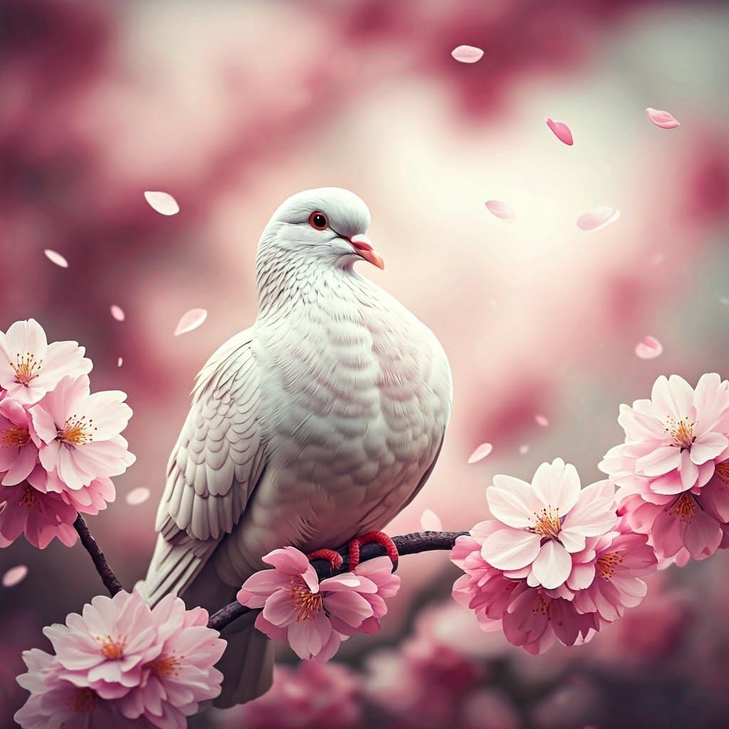 Majestic Dove Amidst Vibrant Cherry Blossoms in Whimsical Wa...