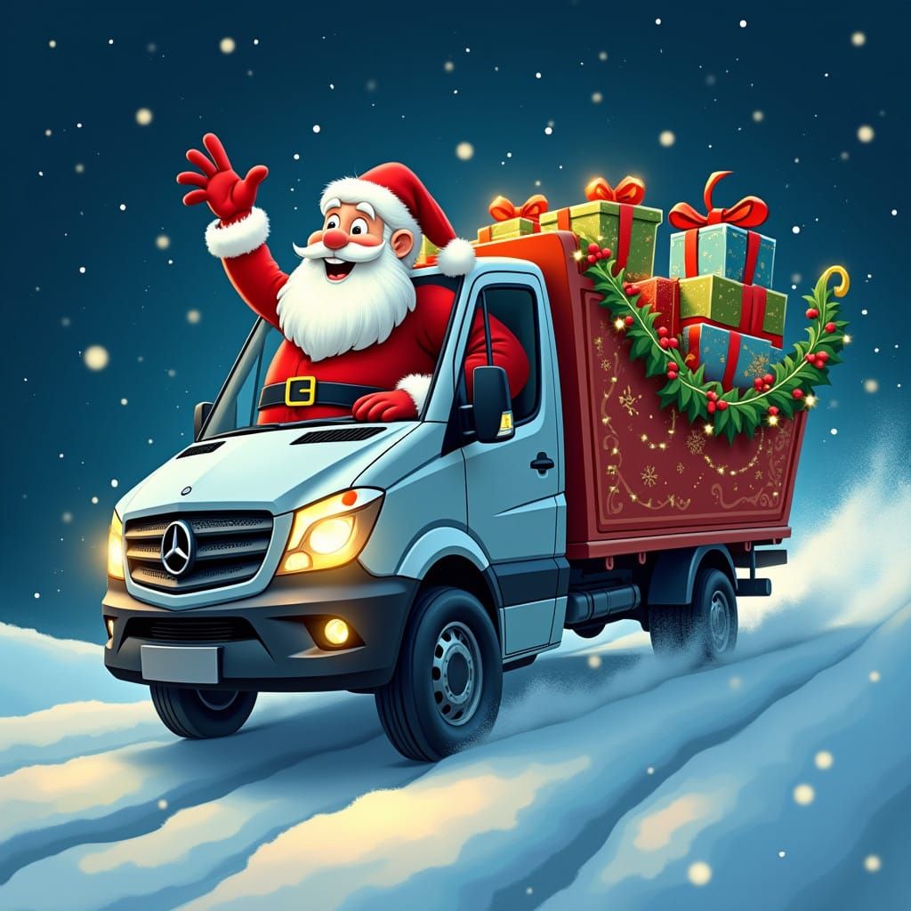 Jovial Santa Claus Drives Colorful Tow Truck Through Winter...