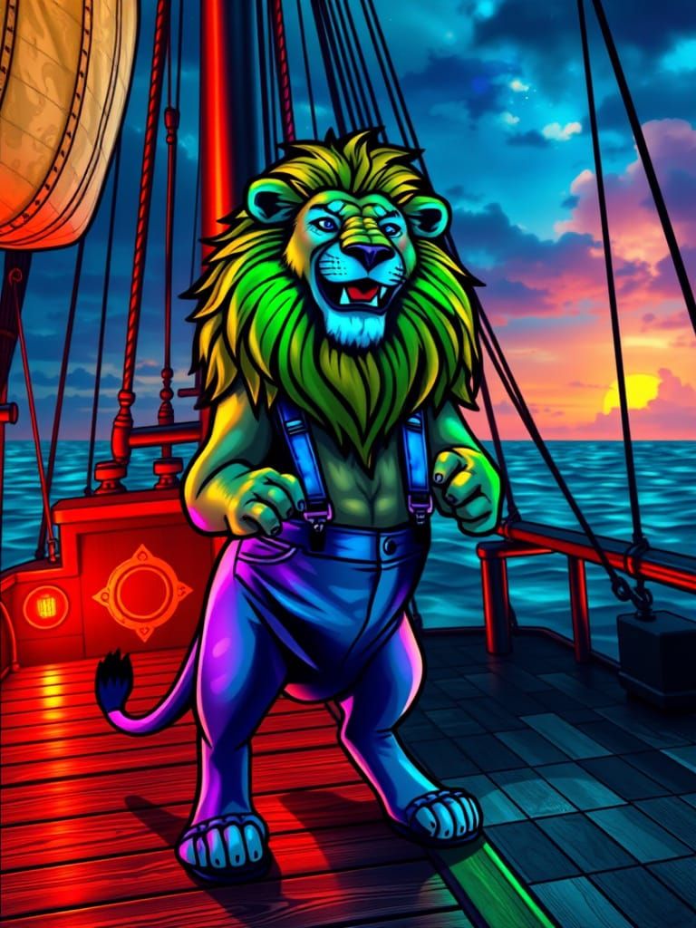 Smiling Lion in Jeans on Sailing Ship as Stained Glass Art