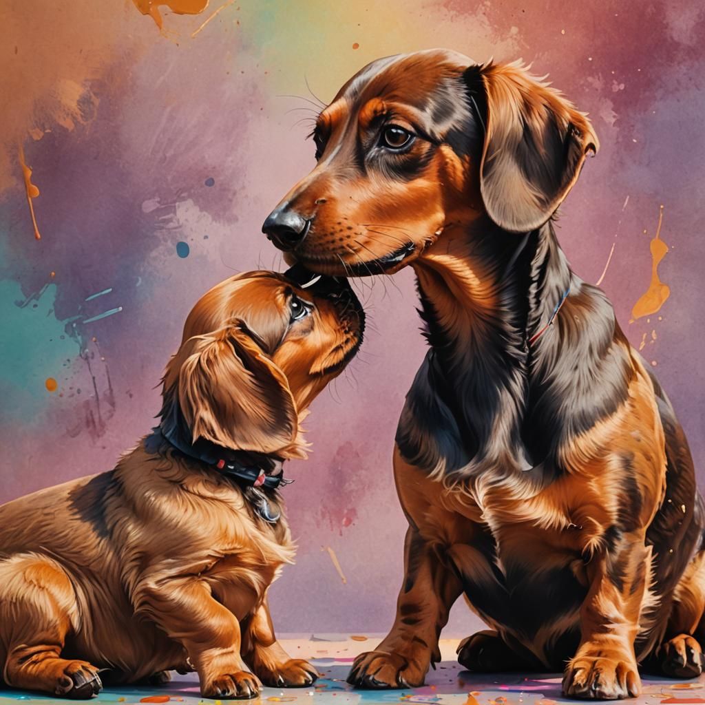 Dachshund Mom and Puppy: Hyperrealistic Splash Art