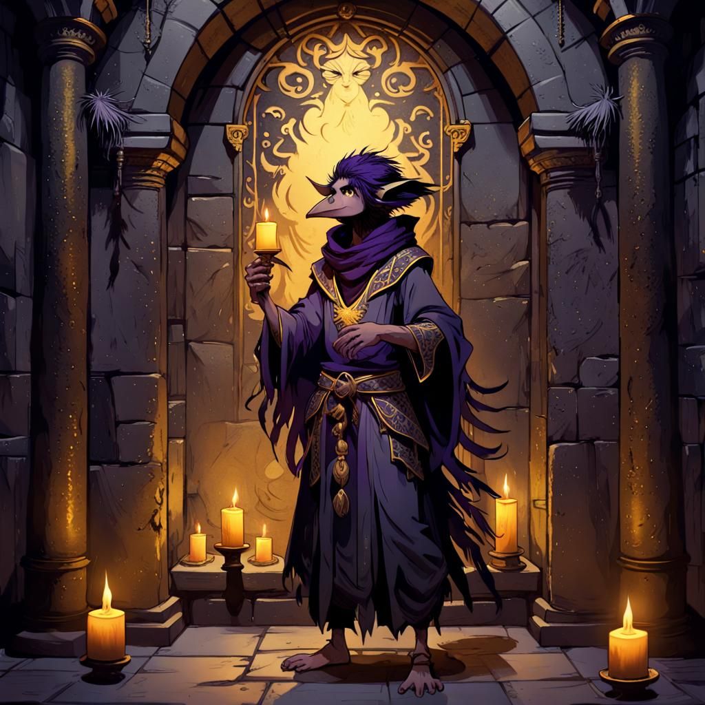 Kenku Warlock in Alphonse Mucha-Inspired Chamber