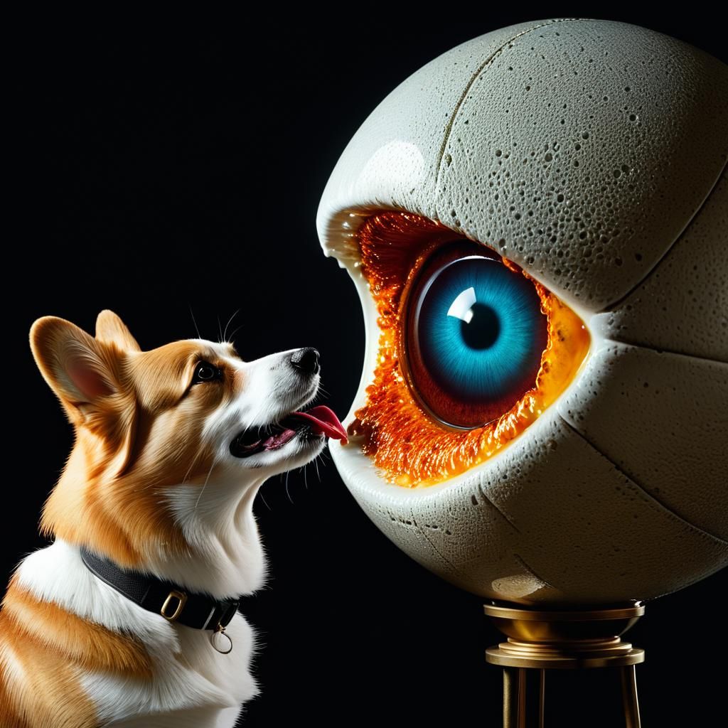 Corgi Licks Giant Eyeball in Dark Fantasy Scene