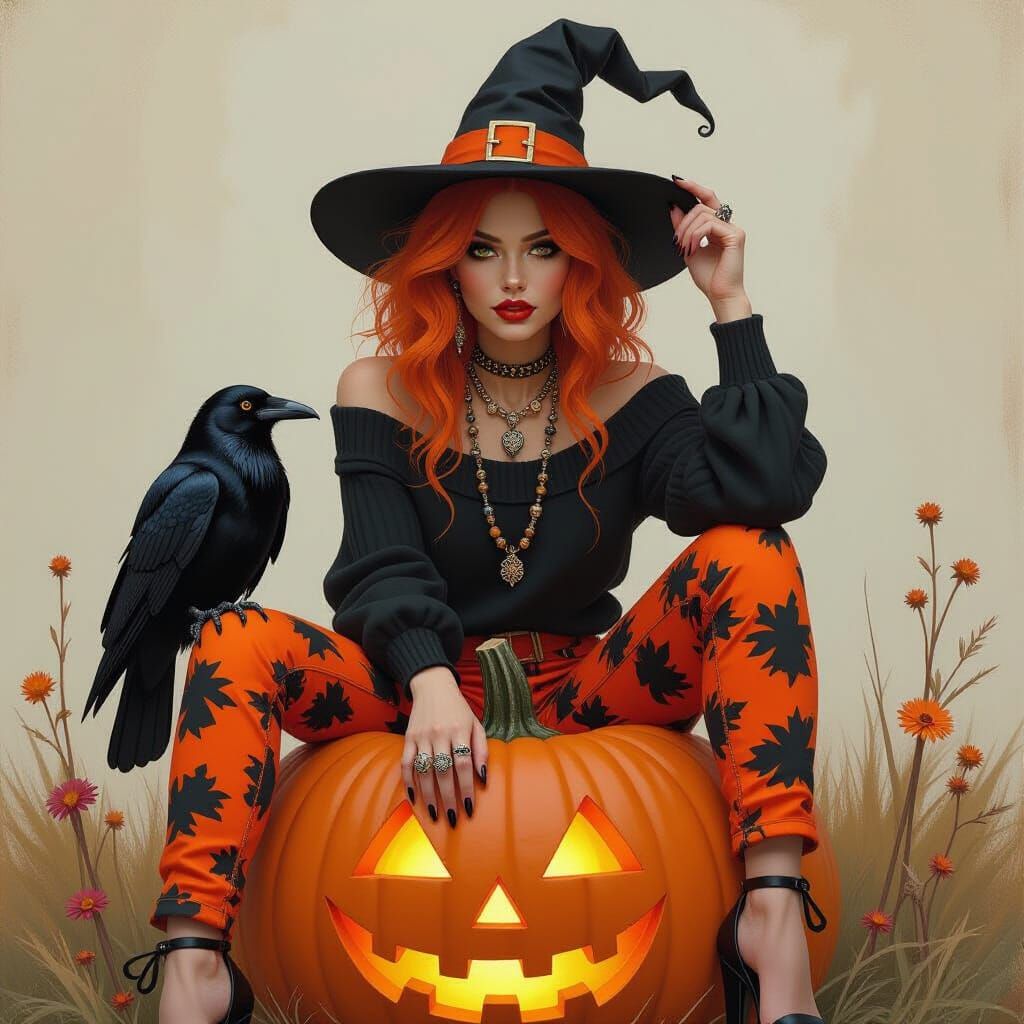 Captivating Witch with Raven in Oil Painting Style