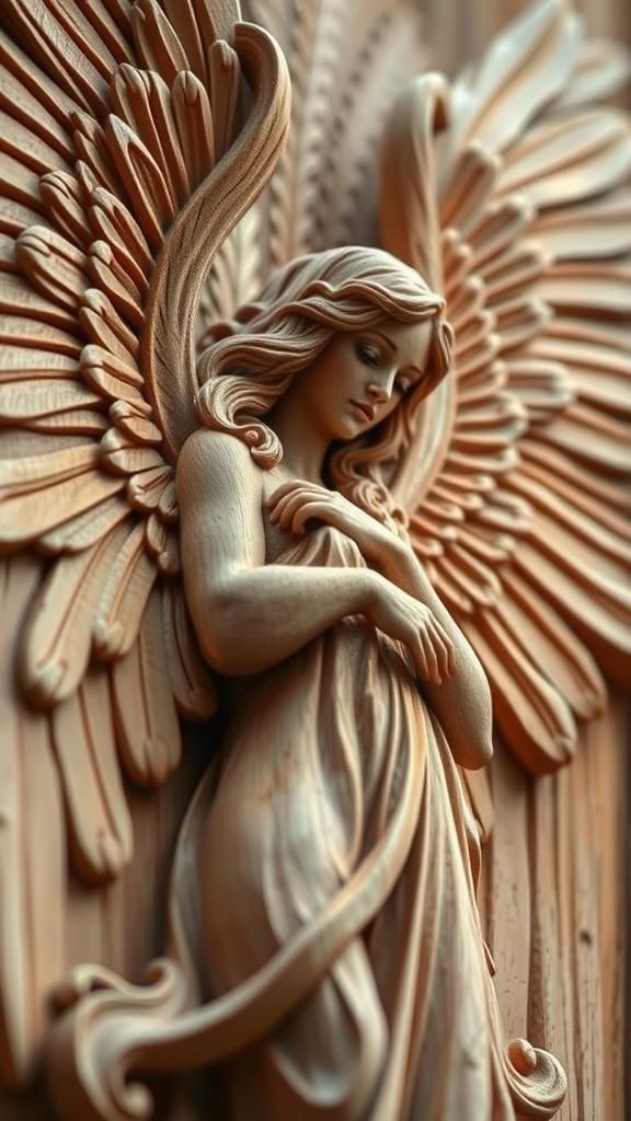 Detailed Wood Carving of Angel with Wings