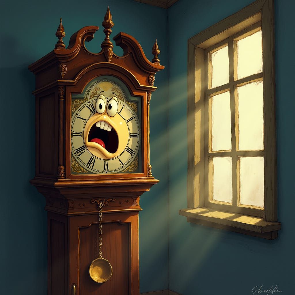 Whimsical Grandfather Clock Yawning in Moonlight