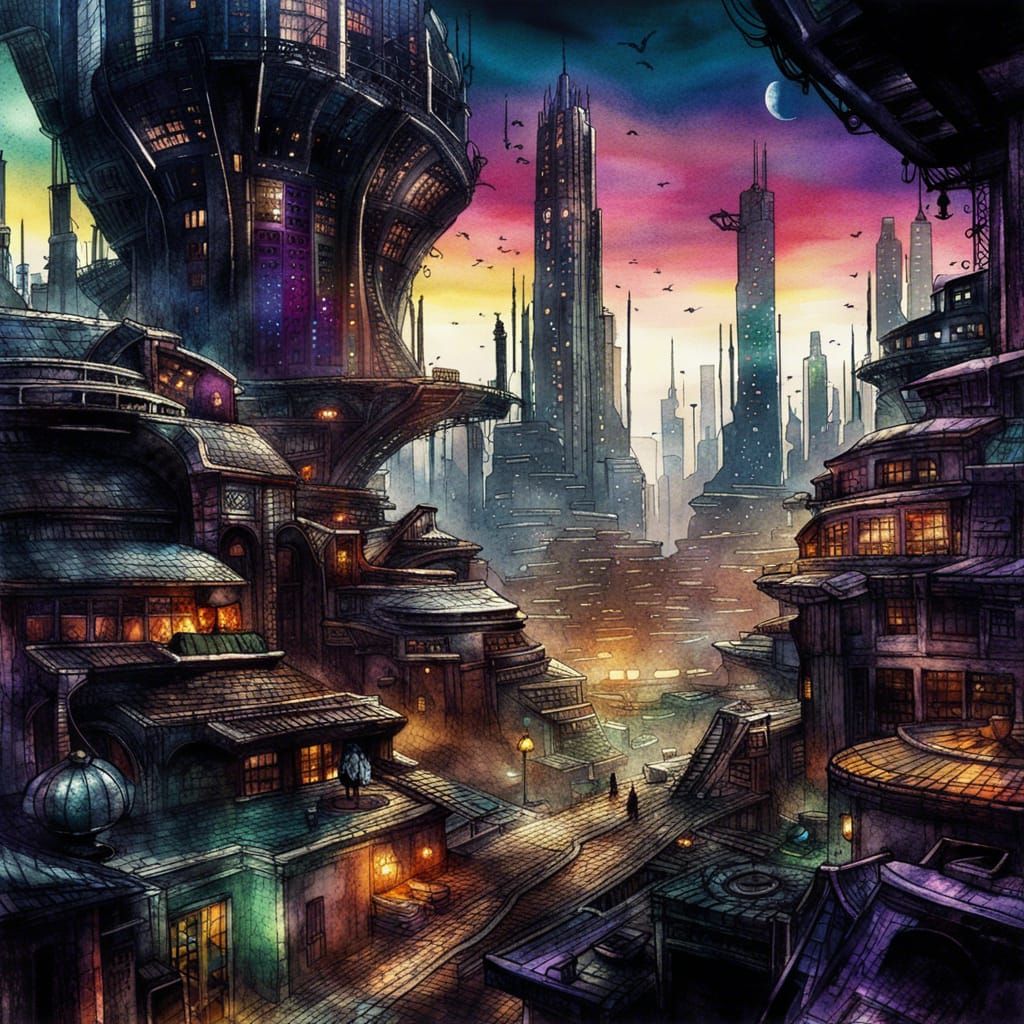 Futuristic Wakanda Cityscape in Watercolor and Ink