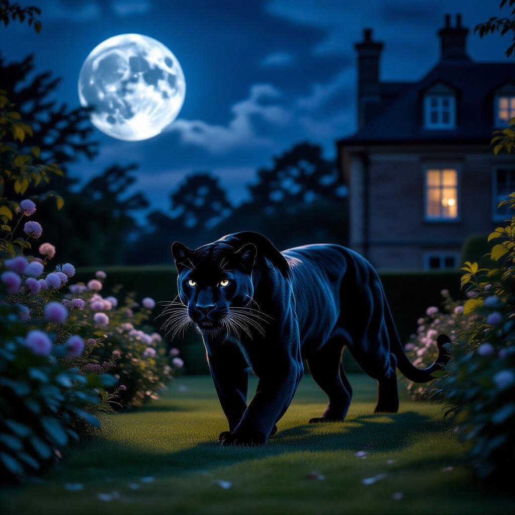 Black Panther Strolls English Garden Under Full Moon