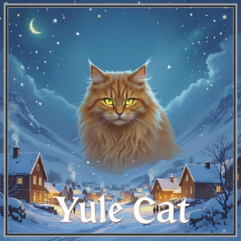 Giant Yule Cat Over Icelandic Village on Christmas Eve