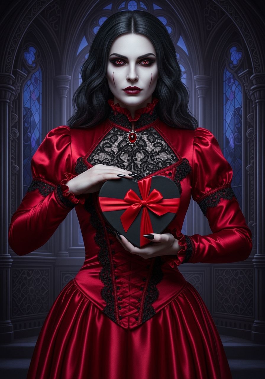 Gothic Vampire in Red Satin Dress with Valentine's Heart