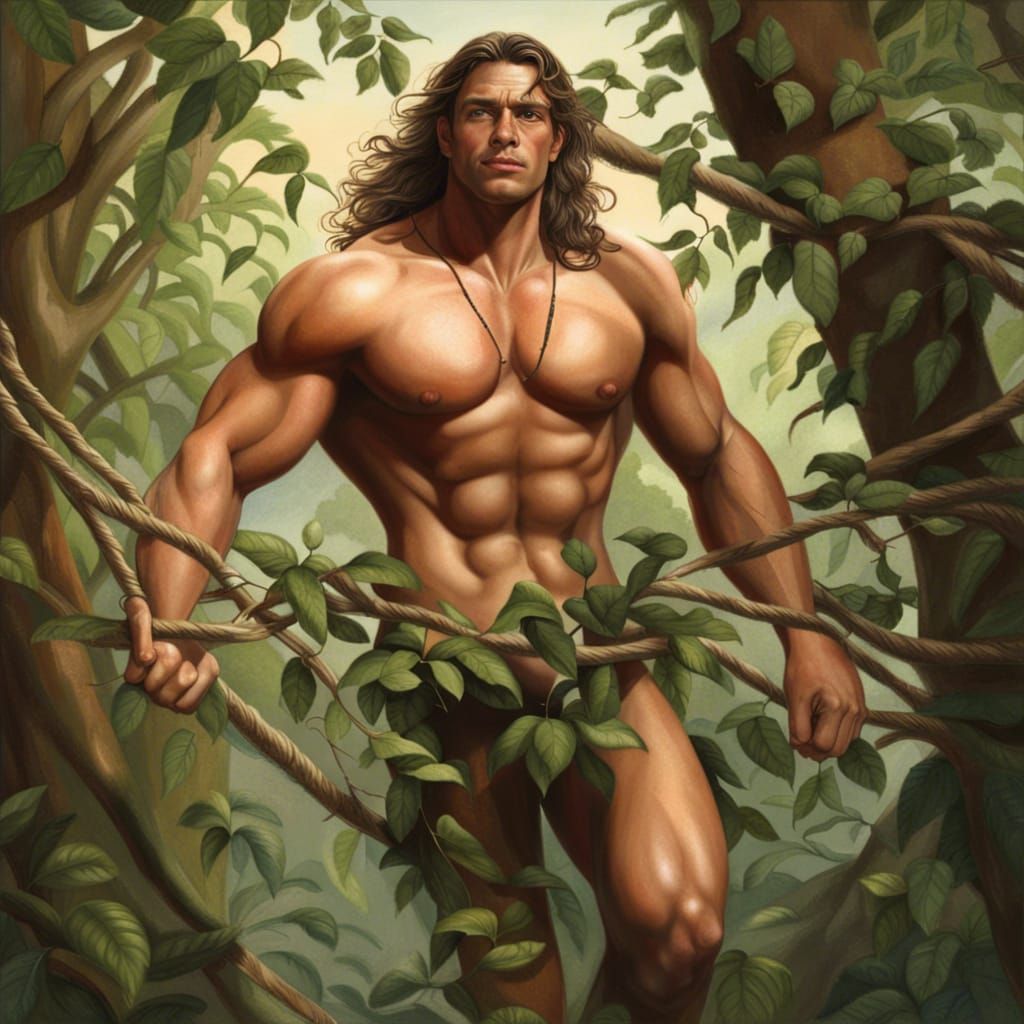 Photorealistic Portrait of Muscular Tarzan Swinging