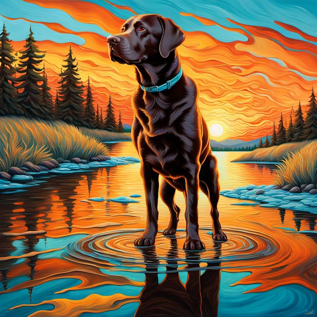 Chocolate Lab at Sunset in Surrealist Oil Painting