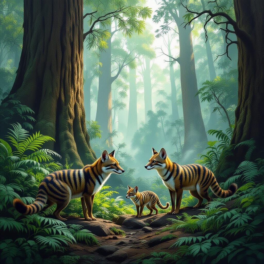 Thylacine Family in Prehistoric Forest, Paleoart Style