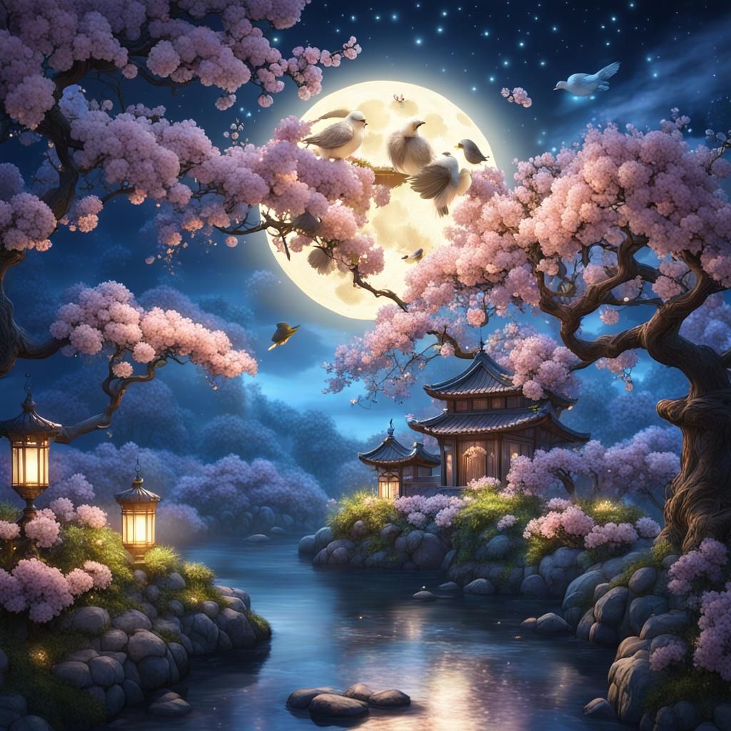 Enchanted Full Moon with Cherry Blossoms: 3D Art
